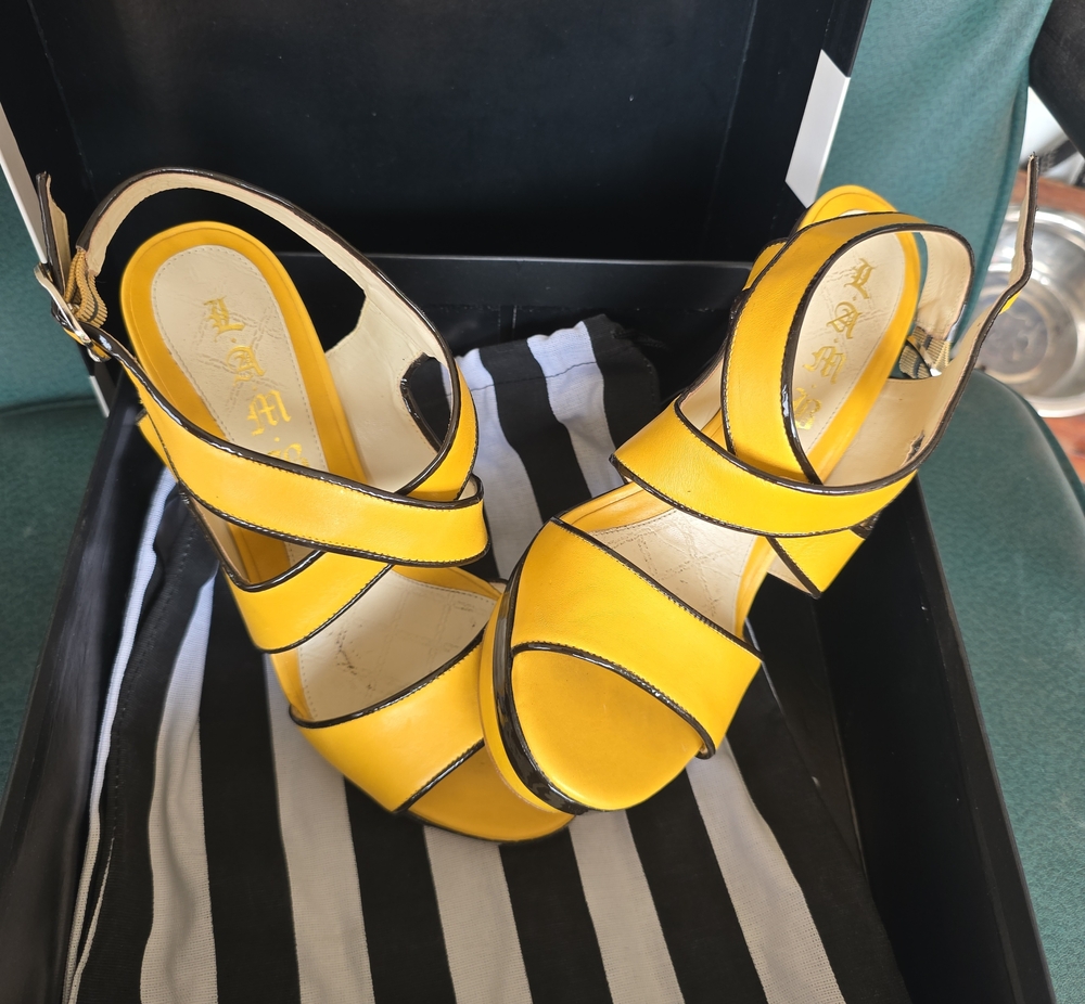 L.A.M.B. Bright Yellow Crisscross Platform Sandals